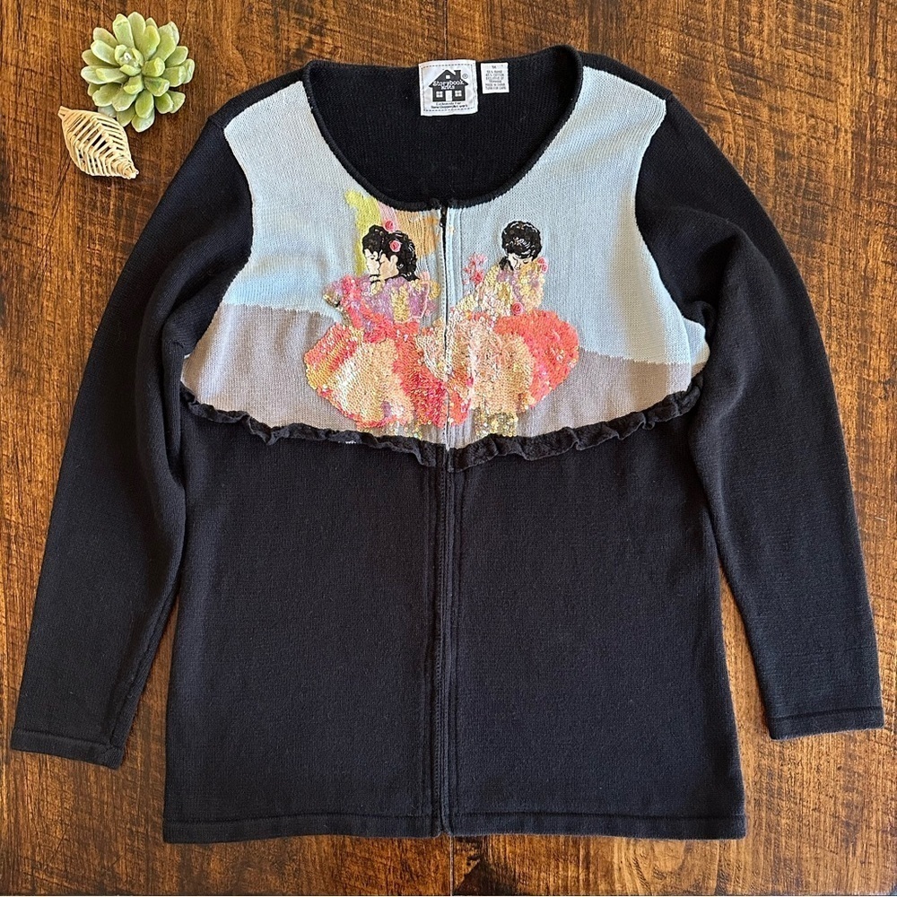 Storybook Knits | Vintage Zip Up Cardigan w/Sequined Flamenco Dancers, Size 1X